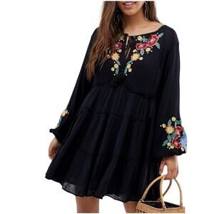 FREE PEOPLE Women’s Boho Floral Embroidered Black Mini Dress Small